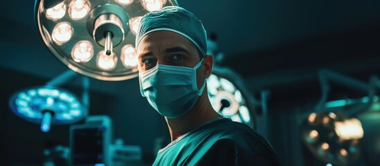 Surgeon preparing for a complex operation in a modern operating room at a hospital during evening hours
