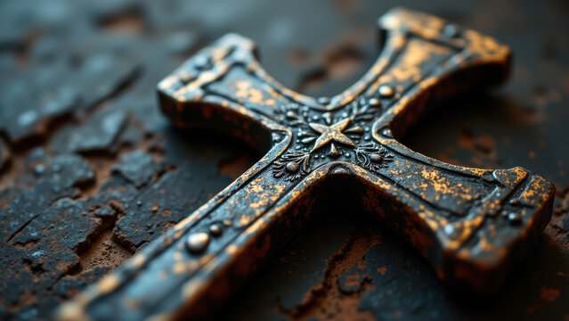 A vintage golden Christian cross with rust stains against a dark background.