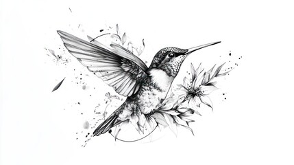 Detailed hummingbird illustration with floral frame.  Possible stock photo use