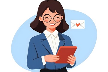 A woman wearing glasses and a blue jacket is holding a tablet