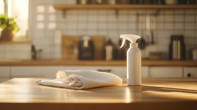 Clean kitchen table with disinfectant spray and towel, showcasing a simple sanitizing routine for hygiene and safety.