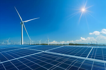 Renewable energy landscape featuring solar panels and wind turbines under a bright sky (2)