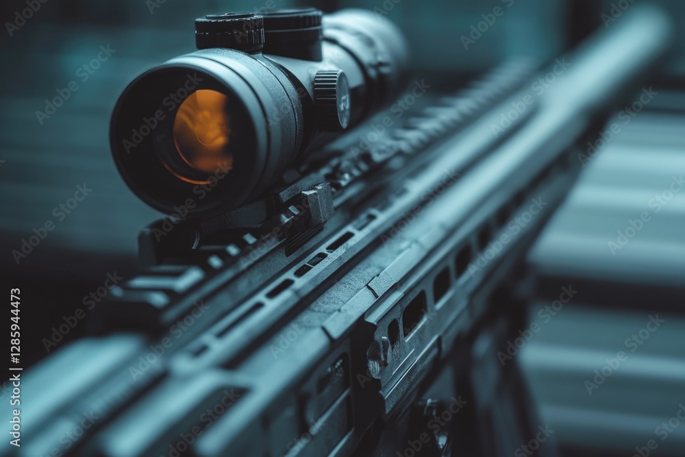 Poster A detailed view of a firearm with a targeting device, suitable for use in various settings and themes
