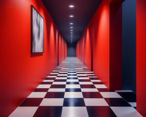 A surreal corridor with red walls, and a black-and-white checkered floor, creating an infinite optical illusion.
