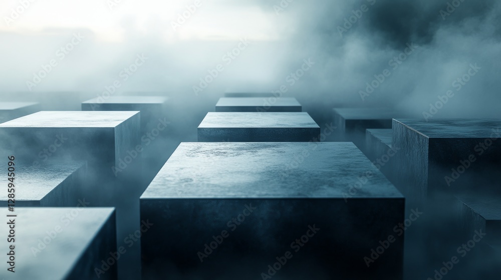 Poster concrete cubes surrounded by fog create a mystical atmosphere in the distance