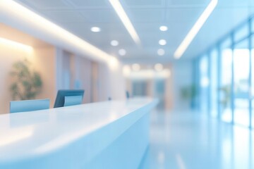 modern hospital reception area with abstract blur cool minimalist design soft ambient lighting clean lines professional atmosphere