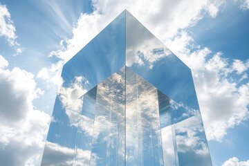 modern glass tower reaching into cloudy sky mirrored surfaces creating abstract patterns of reflected light and atmosphere