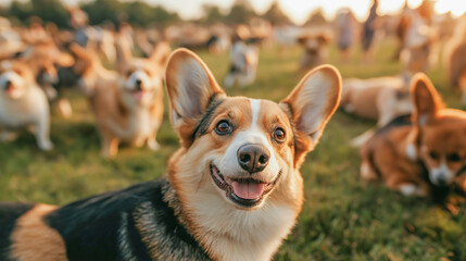 Happy corgi enjoying a sunny day at a dog gathering in a park full of fellow canines and their owners
