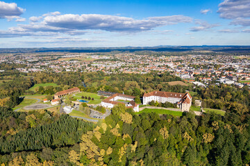 Aerial view of the castle Seggau in Seggauberg in the Sulmtal valley, Southern Styria, Austria