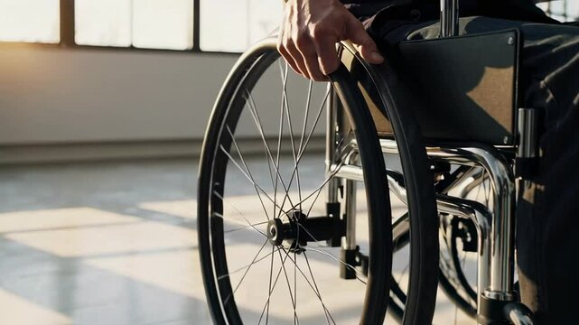 Professional businessman navigating modern office space in wheelchair, demonstrating workplace inclusivity and independent mobility with confident movement through sunlit corporate environment