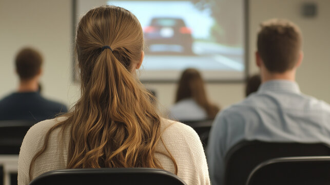 Driver's Education Classroom with Students Watching Safety Video