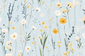 Pastel floral pattern, seamless design with white, yellow and blue flowers on light blue background.