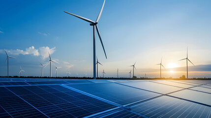 Solar panels in the foreground with wind turbines against a sunset sky in a renewable energy landscape