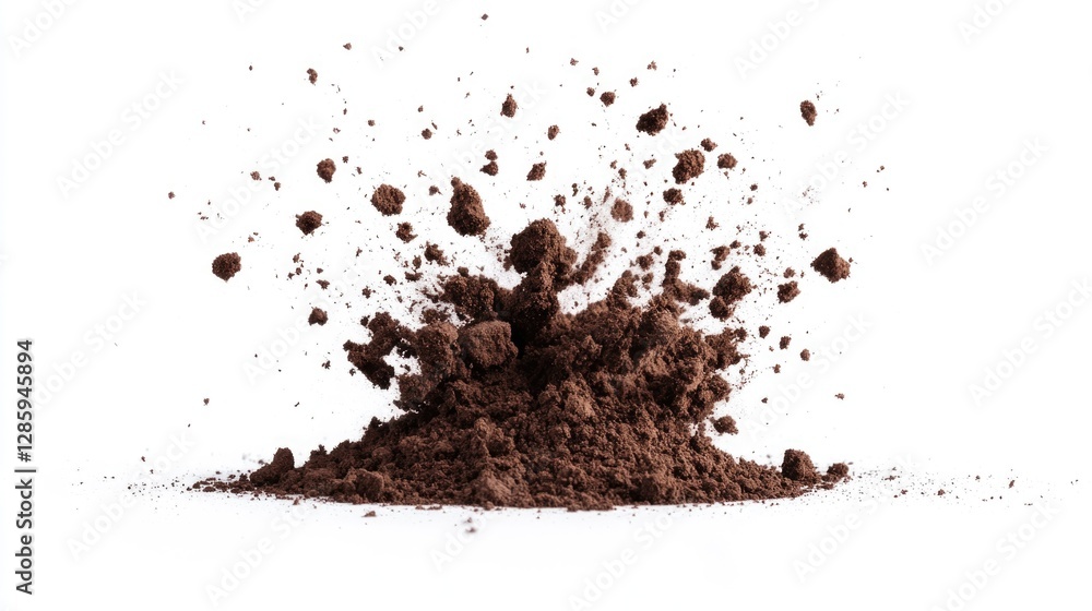 Poster A small mound of dirt sits on a clean white surface, suitable for use as a texture or background element