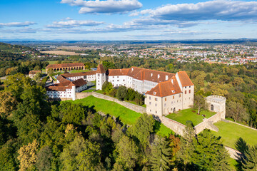 Aerial view of the castle Seggau in Seggauberg in the Sulmtal valley, Southern Styria, Austria