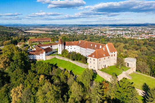Aerial view of the castle Seggau in Seggauberg in the Sulmtal valley, Southern Styria, Austria