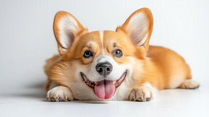 Happy corgi lounging comfortably indoors with a joyful expression and bright eyes