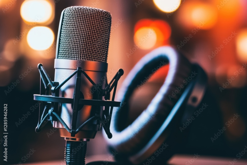 Poster a close-up shot of a microphone and headphones placed on a table, ready for use