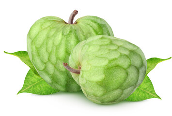 Isolated cherimoya. Two fresh cherimoya (Custard apple) fruits with leaves isolated on white background