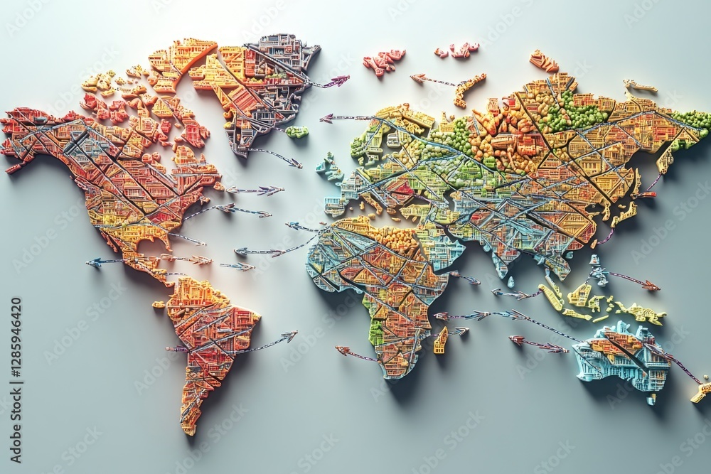 Poster a detailed map of the world with various colored pins marking different locations