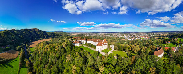 Aerial view of the Seggauberg Abbey in the southern Styria vinery region in Austria