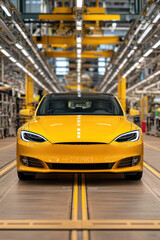 Bright Yellow Electric Car in Modern Auto Production Factory with Advanced Machinery