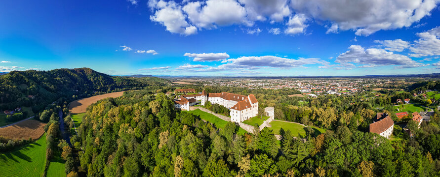 Aerial view of the Seggauberg Abbey in the southern Styria vinery region in Austria