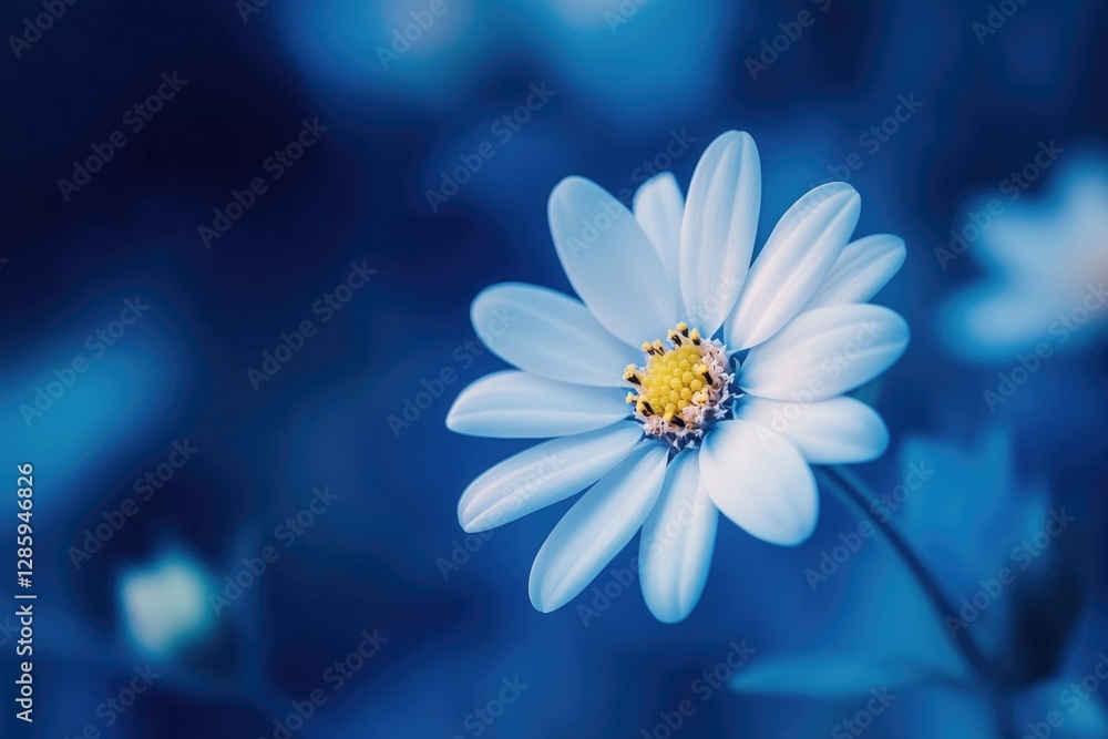 Poster a close-up shot of a white flower on a blue background, perfect for use in designs where simplicity 