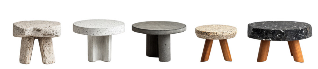 Five eco-friendly stone-look stools with unique textures and designs