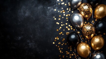 Shiny party balloons and gold confetti on dark background present