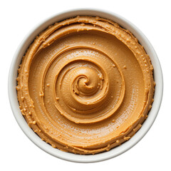 A bowl of thick and creamy peanut butter with a glossy swirl