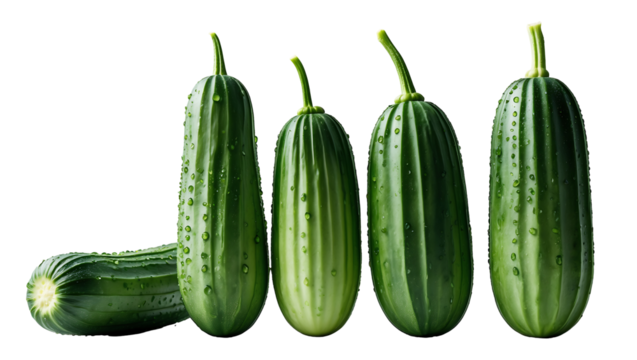 High-resolution PNG of fresh cucumbers with deep green tones and detailed textures, arranged in an airy, asymmetrical layout on white backdrop