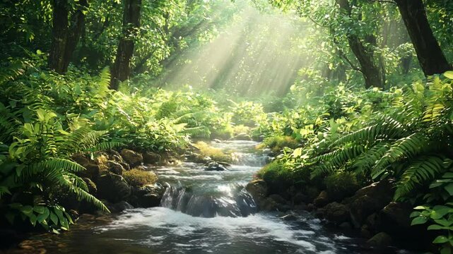 A forest landscape with a small stream flowing through dense vegetation. Ferns and other green plants grow around the stream. The sun's rays break through the trees, creating bright spots of light on 
