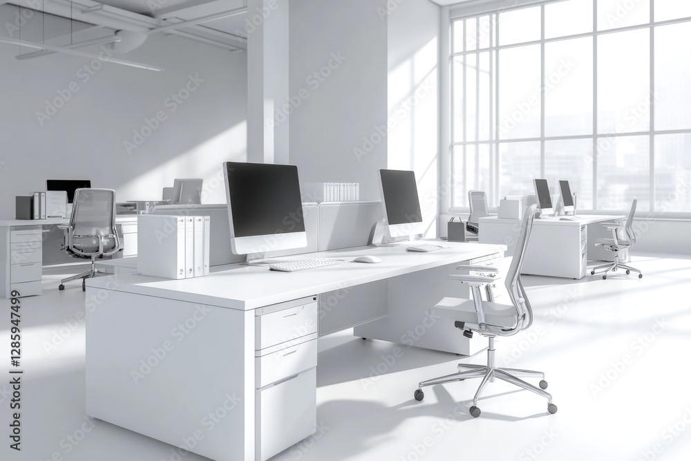 Poster a modern office setup with two computer monitors and a workspace area