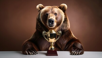 Powerful Grizzly Bear Sitting Proudly with a Championship Trophy in a Studio