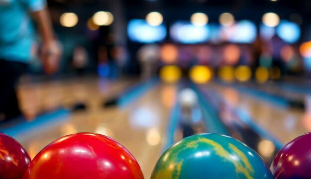 Four vibrant bowling balls sit ready on a sleek return system in a lively, modern bowling alley.

