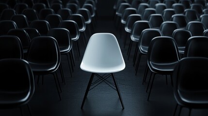 Obraz premium Distinctive white chair in a sea of black chairs, sleek dark studio, 3D render, symbolizing leadership 