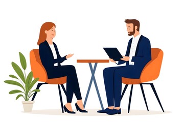 A man and a woman are sitting at a table, talking to each other