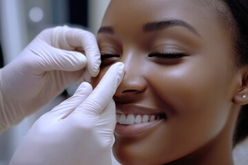 A woman sits in a medical office having her eye examined by a doctor