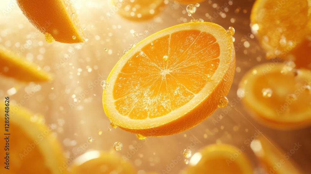 Poster citrus slices dance in sunlight with droplets sparkling in mid-air, creating a vibrant and refreshin