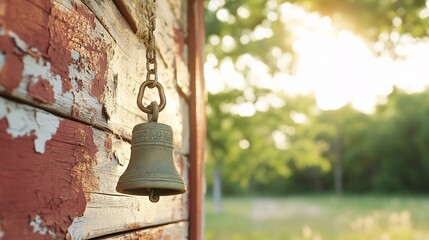 Obraz premium Rustic bell on weathered barn, sunset background