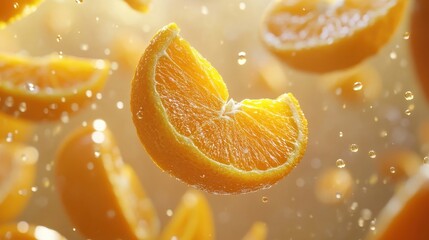 Brightly illuminated orange slices splash through the air, creating a refreshing and vibrant atmosphere in a summer setting. Generative AI