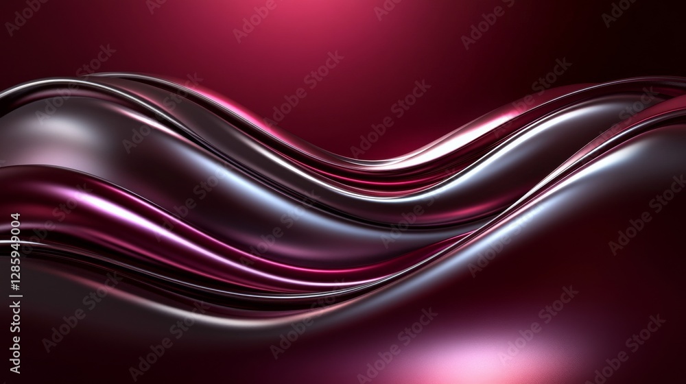 Poster flowing metallic wavy lines displayed on a dark red background