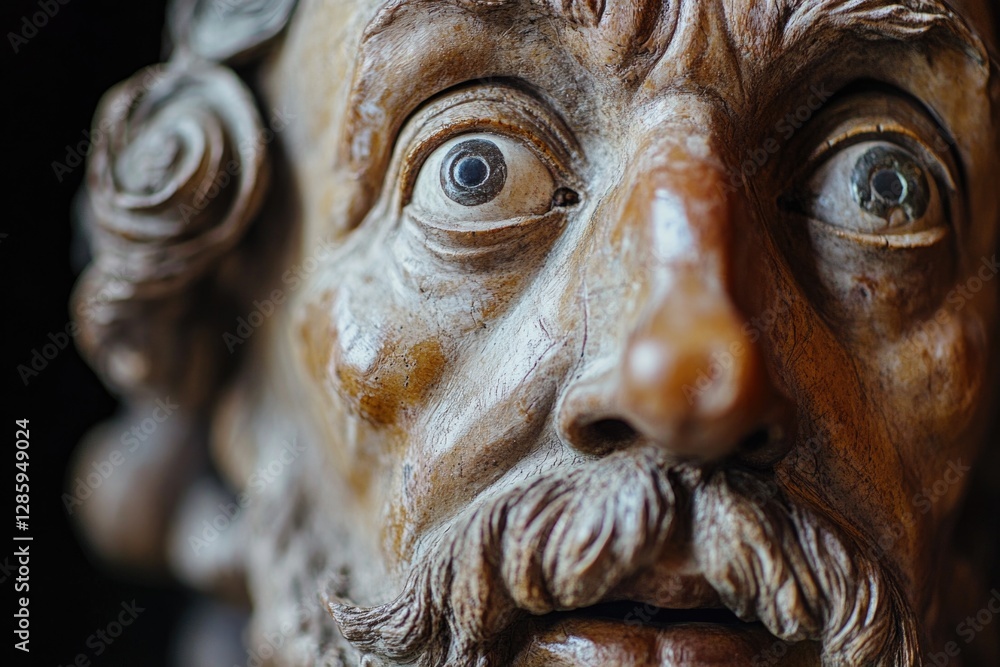 Poster a close-up view of a statue depicting a man with a long beard, suitable for use in historical or cul