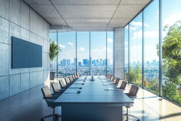 Fototapeta premium A modern conference room with a large window offering a stunning city view