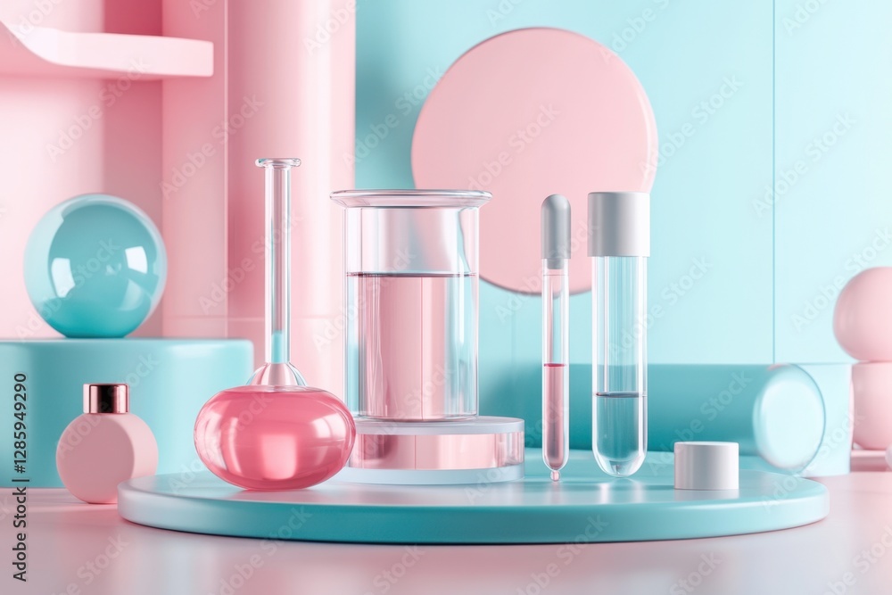 Poster elegant display of pastel laboratory glassware in a minimalist setting showcasing creativity and inn