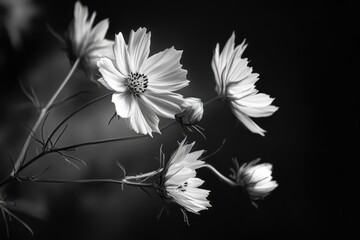 A close-up shot of various flowers in shades of gray and white