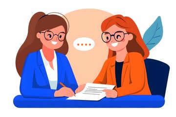 Fototapeta premium Two women are sitting at a desk and writing on a piece of paper