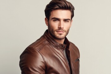 Obraz premium A man posing for a photo wearing a black leather jacket, providing an edgy and stylish image suitable for fashion or lifestyle use