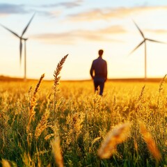 Silhouette of man walking through golden wheat field at sunset with wind turbines in background symbolizing harmony between agriculture renewable energy and sustainable future eco friendly balance
